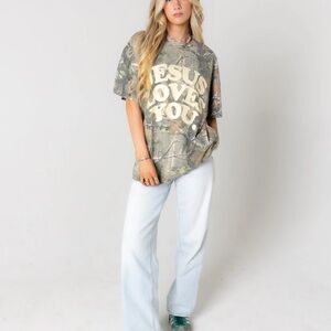 Jesus Loves You Graphic Short Sleeve Tee - Olive Camo